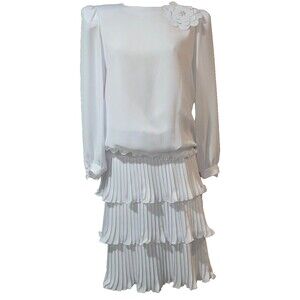 Vintage 1980s Womens 2ps Set Blouse+Ruffle Tiered Midi Skirt Size 10 Ivory Crepe
